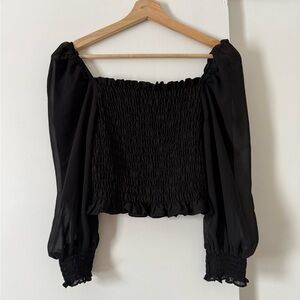 H&M Black Smocked Puff Sleeve Blouse
